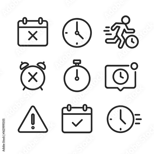 Missed Deadlines Icons. Outline icon set of missed deadlines: calendar with red cross, clock showing past time, person late for
