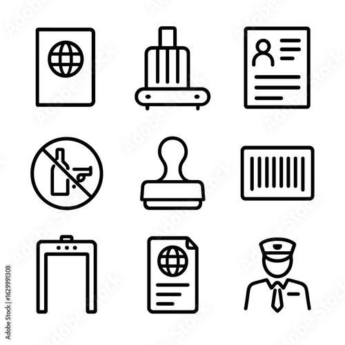Customs Icon Set. Outline icon set of customs process: passport, luggage check, declaration form, customs officer, prohibited