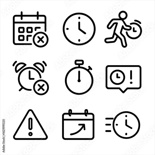 Missed Deadlines Icons. Outline icon set of missed deadlines: calendar with red cross, clock showing past time, person late for