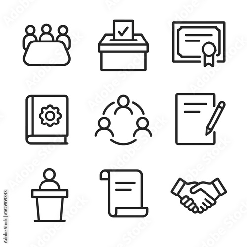 Employee Ownership Icons. Outline icon set of Employee ownership governance: board meeting table, voting ballot box, shareholder