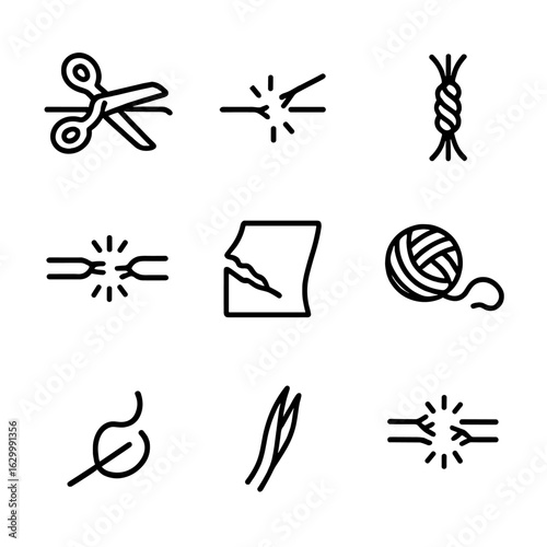 Cut Thread Icons. Outline icon set of cut thread: scissors cutting thread, broken string, severed rope, frayed cord, snapped wire,