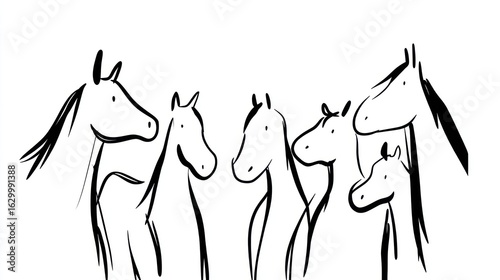 Simple black and white sketch of several horses