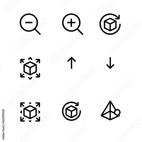 3D Modeling Icons. Outline icon set of 3D modeling view controls: zoom out, zoom in, rotate view, pan view, pan up, pan down, fit