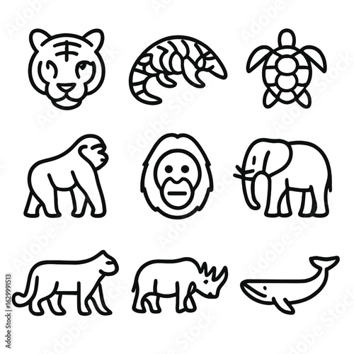 Endangered Species Icons. Outline icon set of endangered species silhouettes: tiger head, pangolin, sea turtle, gorilla, orangutan