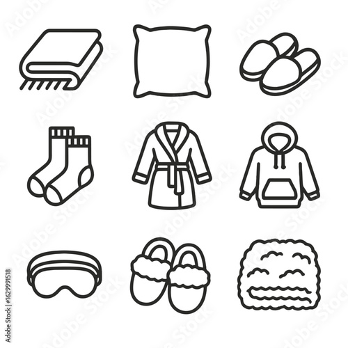Cozy Sleepwear Icons. Outline icon set of cozy sleepwear items: blanket, throw pillow, warm slippers, knitted socks, cozy robe,
