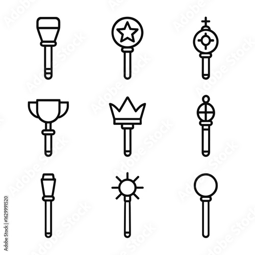 Modern Scepters Icon Set. Outline icon set of modern scepters: corporate baton, award scepter, ceremonial baton, trophy scepter,