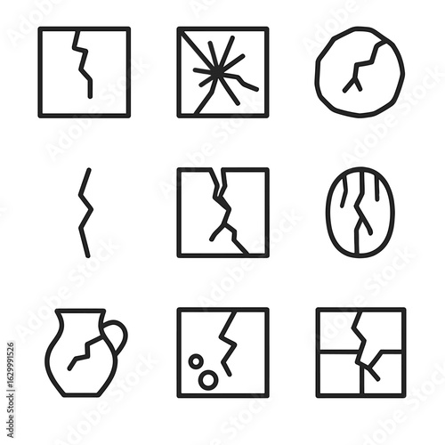 Crack Icon Set. Outline icon set of crack in surface: crack in wall, broken glass, fractured rock, hairline crack, crack in