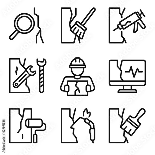 Crack Maintenance Icons. Outline icon set of crack maintenance: inspection, cleaning, sealing, reinforcement, replacement,