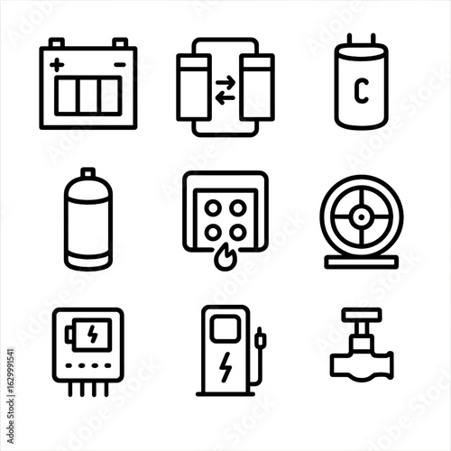 Energy Storage Icons. Outline icon set of energy storage technologies: lithium battery pack, redox flow tank, supercapacitor cell,