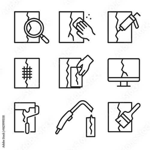 Crack Maintenance Icons. Outline icon set of crack maintenance: inspection, cleaning, sealing, reinforcement, replacement,