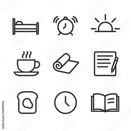 Daily Renewal Icons. Outline icon set of daily renewal: bed icon, alarm sound, sunrise light, cup of tea, yoga mat, journal page,