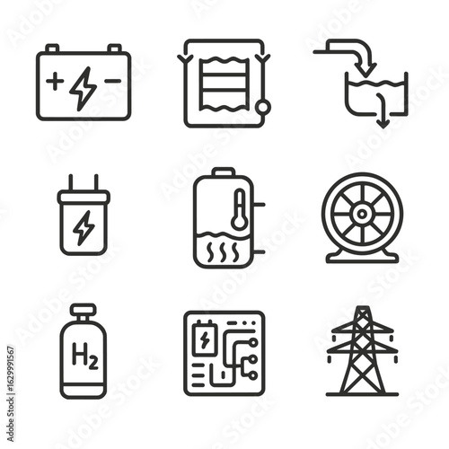 Energy Storage Icons. Outline icon set of energy storage solutions: lithium battery, flow battery, pumped hydro, supercapacitor,