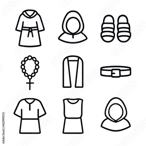 Monk Attire Icons. Outline icon set of monk attire: robe, hood, sandals, prayer beads, sash, belt, tunic, scapular, cowl. Line