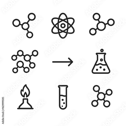 Molecular Icon Set. Outline icon set of molecular dissolution: molecule, atom, chemical bonds, water molecules, salt crystal,