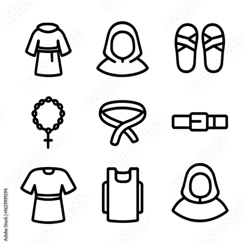 Monk Attire Icons. Outline icon set of monk attire: robe, hood, sandals, prayer beads, sash, belt, tunic, scapular, cowl. Line