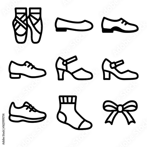 Dance Shoes Icons. Solid, filled icon set of ballet slippers and dance shoes: pointe shoes, ballet flats, jazz shoes, tap shoes,