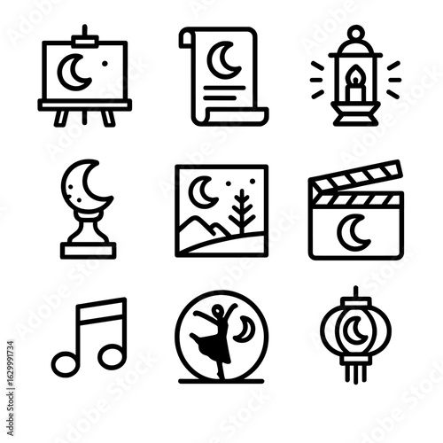 Moon in Art Icons. Outline icon set of moon in art and culture: moon painting canvas, poetry scroll with moon, lantern casting