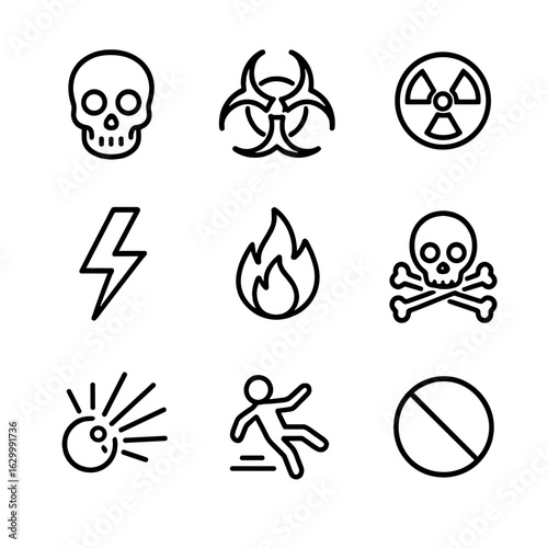 Danger Sign Icons. Outline icon set of danger signs: skull, biohazard, radioactive, high voltage, fire hazard, toxic, explosive,