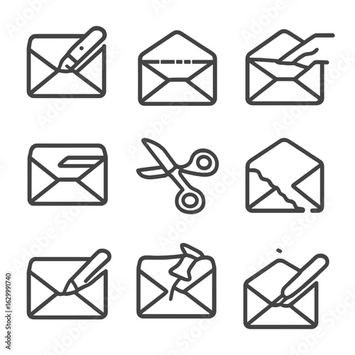 Envelope Opening Icons. Outline icon set of envelope opening actions: sliding blade through flap, tearing along perforation,