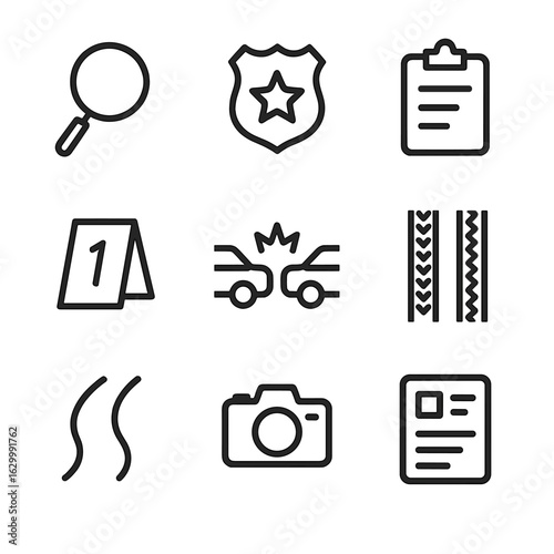 Crash Investigation Icons. Outline icon set of crash investigation: magnifying glass, police badge, clipboard, evidence marker,