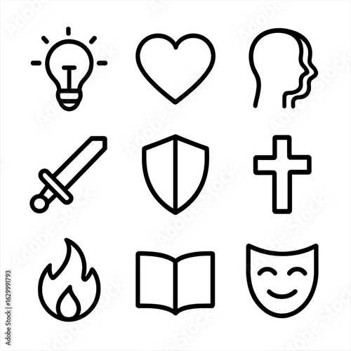 Moral Concepts Icons. Outline icon set of moral concepts: light bulb, heart, shadow, sword, shield, cross, fire, book, mask. Line