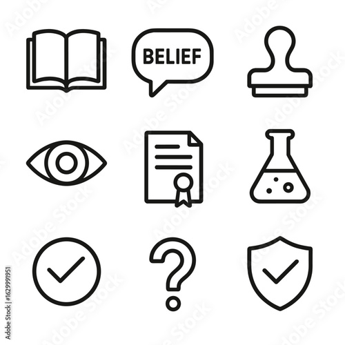 Epistemology Icon Set. Outline icon set of epistemology concepts: knowledge book, belief bubble, justified stamp, skepticism eye,