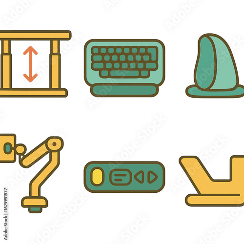 Ergonomic Desk Accessories. Flat vector mini-illustrations ergonomic accessories for standing desks in colors children's