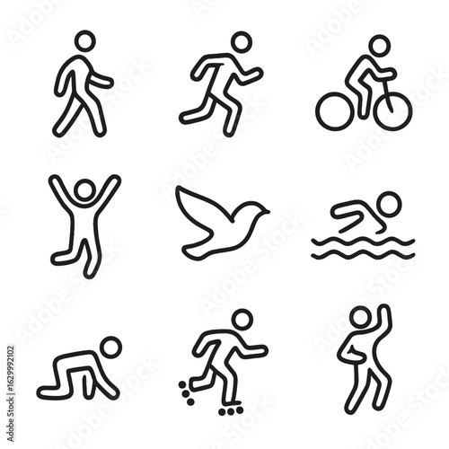 Movement Icon Set. Outline icon set of movement: walking person, running figure, cycling, jumping, flying bird, swimming, crawling