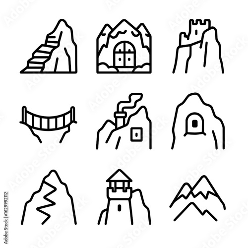 Mountain Stronghold Icons. Outline icon set of mountain strongholds: stone stairs, snowy gate, cliff face, rope bridge, chimney