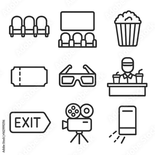Movie Theater Icons. Outline icon set of movie theater elements: auditorium seats, screen, popcorn bucket, ticket stub, 3D glasses