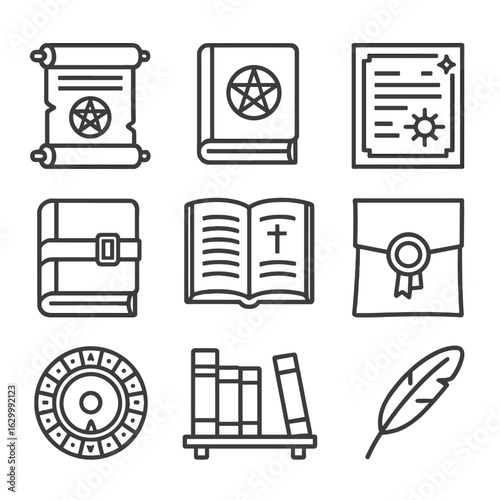 Esoteric Texts Icon Set. Outline icon set of esoteric texts and manuscripts: ancient scroll, grimoire book, leather-bound codex,