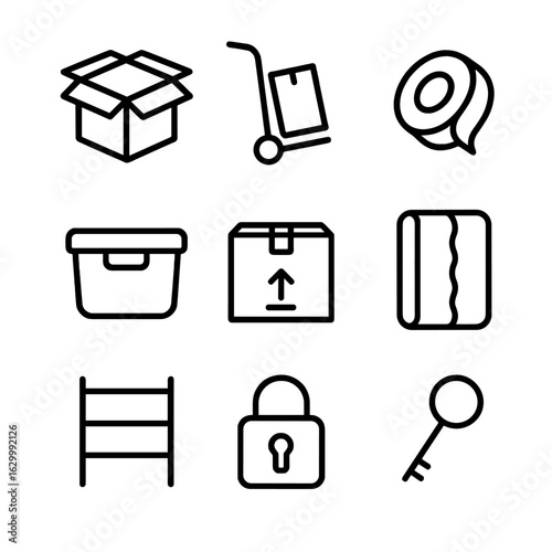 Moving and Storage Icons. Outline icon set of moving and storage: moving box, hand truck, tape roll, storage bin, labeled box,