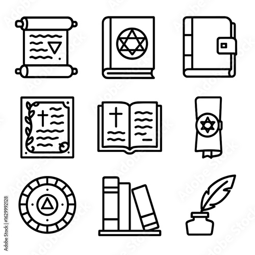 Esoteric Texts Icon Set. Outline icon set of esoteric texts and manuscripts: ancient scroll, grimoire book, leather-bound codex,