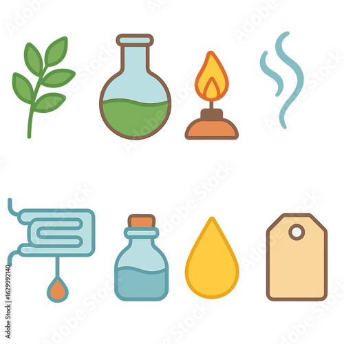 Essential Oil Distillation Icons. Flat vector mini-illustrations essential oil distillation in colors children's illustrations: