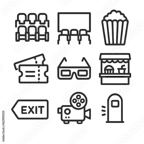 Movie Theater Icons. Outline icon set of movie theater elements: auditorium seats, screen, popcorn bucket, ticket stub, 3D glasses