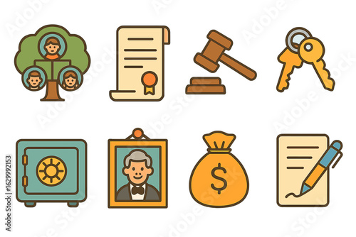 Estate and Benefits Icons. Flat vector mini-illustrations estate and legacy planning in colors children's illustrations: family