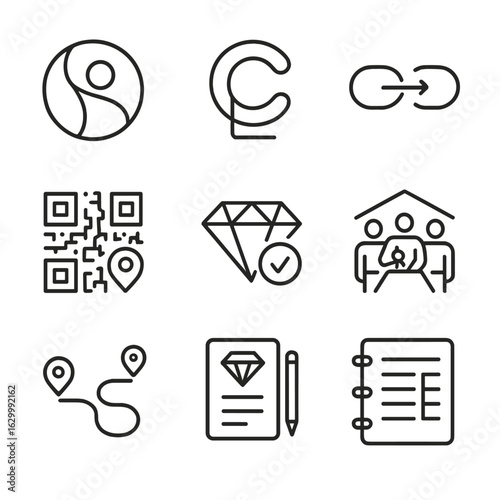 Ethical Certification Icons. Outline icon set of ethical certification and transparency: Fairtrade badge, Responsible Jewellery
