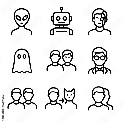 Multiverse Icons Grid. Outline icon set of multiverse beings: alien, robot, cyborg, ghost, doppelganger, time traveler, clone,