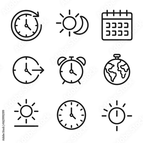 Daylight Saving Icons. Outline icon set of daylight saving time: clock with arrows, sun and moon, calendar, clock with time shift,