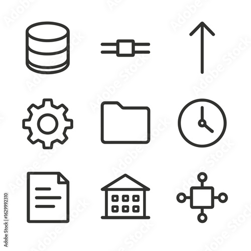 ETL Process Icons. Outline icon set of ETL and data processing: database, pipeline, extract arrow, transform gear, load folder,