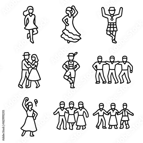 European Folk Dance Icons. Outline icon set of European folk dance traditions: Irish step dancing, Flamenco dancer, Highland reel,