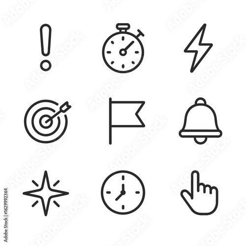 Decisive Moment Icons. Outline icon set of decisive moment: exclamation mark, stopwatch, lightning bolt, target, flag, alarm bell,