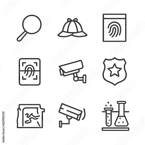 Crime Investigation Icons. Outline icon set of crime investigation: magnifying glass, detective hat, notebook, evidence bag,