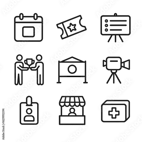 Event Icons Grid. Outline icon set of event organization: calendar date, ticket, schedule board, trophy presentation, sponsorship