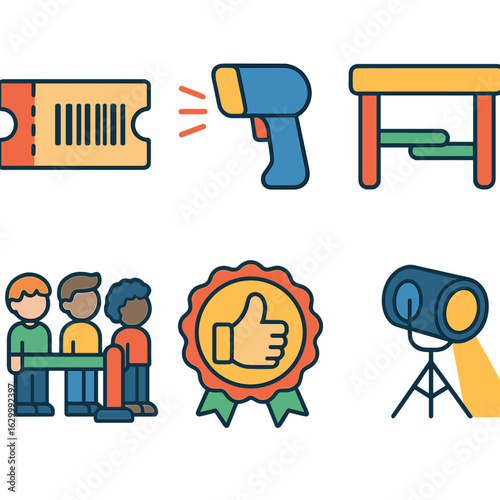 Event Ticket Fun. Flat vector mini-illustrations of event ticket barcode scanning in progress in colors children’s illustrations: