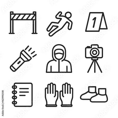 Crime Scene Icons. Outline icon set of crime scene elements: police tape, body outline, evidence marker, flashlight, crime scene