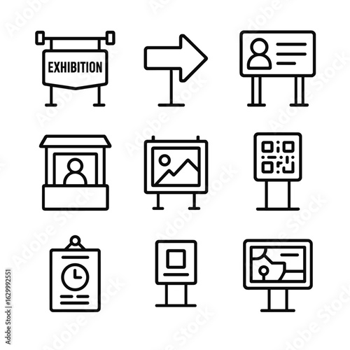 Exhibition Wayfinding Icons. Outline icon set of exhibition signage and wayfinding: exhibition banner, directional arrow sign,