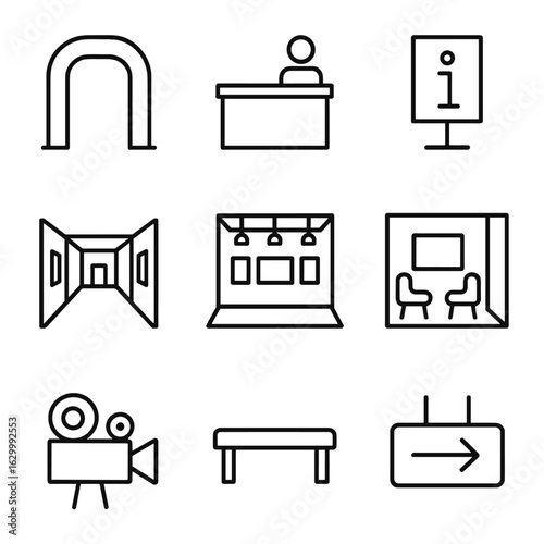 Exhibition Space Icons Set. Outline icon set of exhibition spaces: entrance archway, reception desk, information panel, corridor