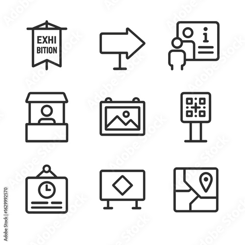 Exhibition Wayfinding Icons. Outline icon set of exhibition signage and wayfinding: exhibition banner, directional arrow sign,
