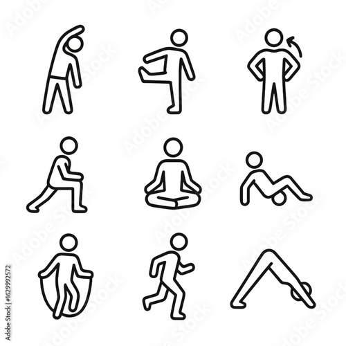 Exercise Icon Set. Outline icon set of warm-up and cool-down exercises: stretching arm reach, leg swing, shoulder roll, lunging